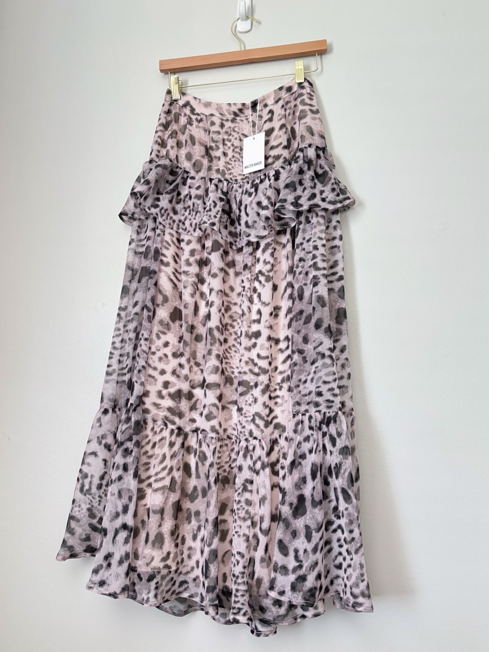 Walter Baker Tiered Ruffle Leopard Midi Skirt